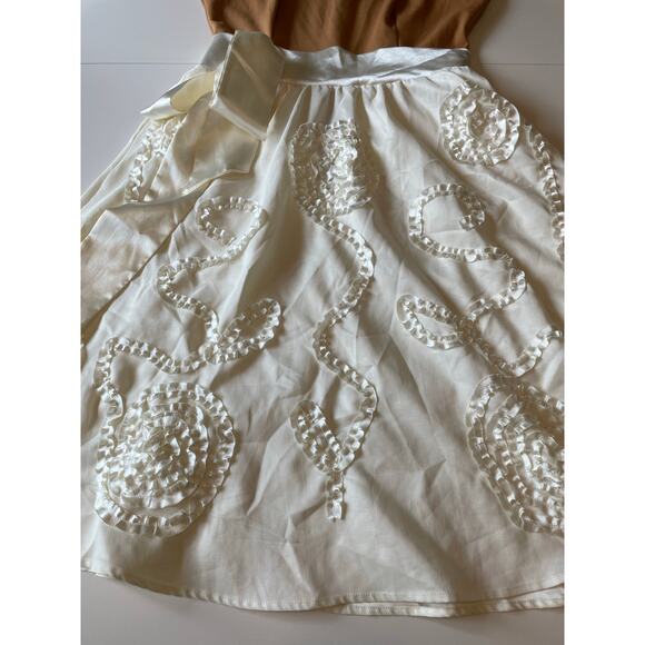 Shabby Apple A-Line Dress Satin Waist Bow Ribbon Detail Sz S Tan Cream Whimsical - Picture 8 of 10